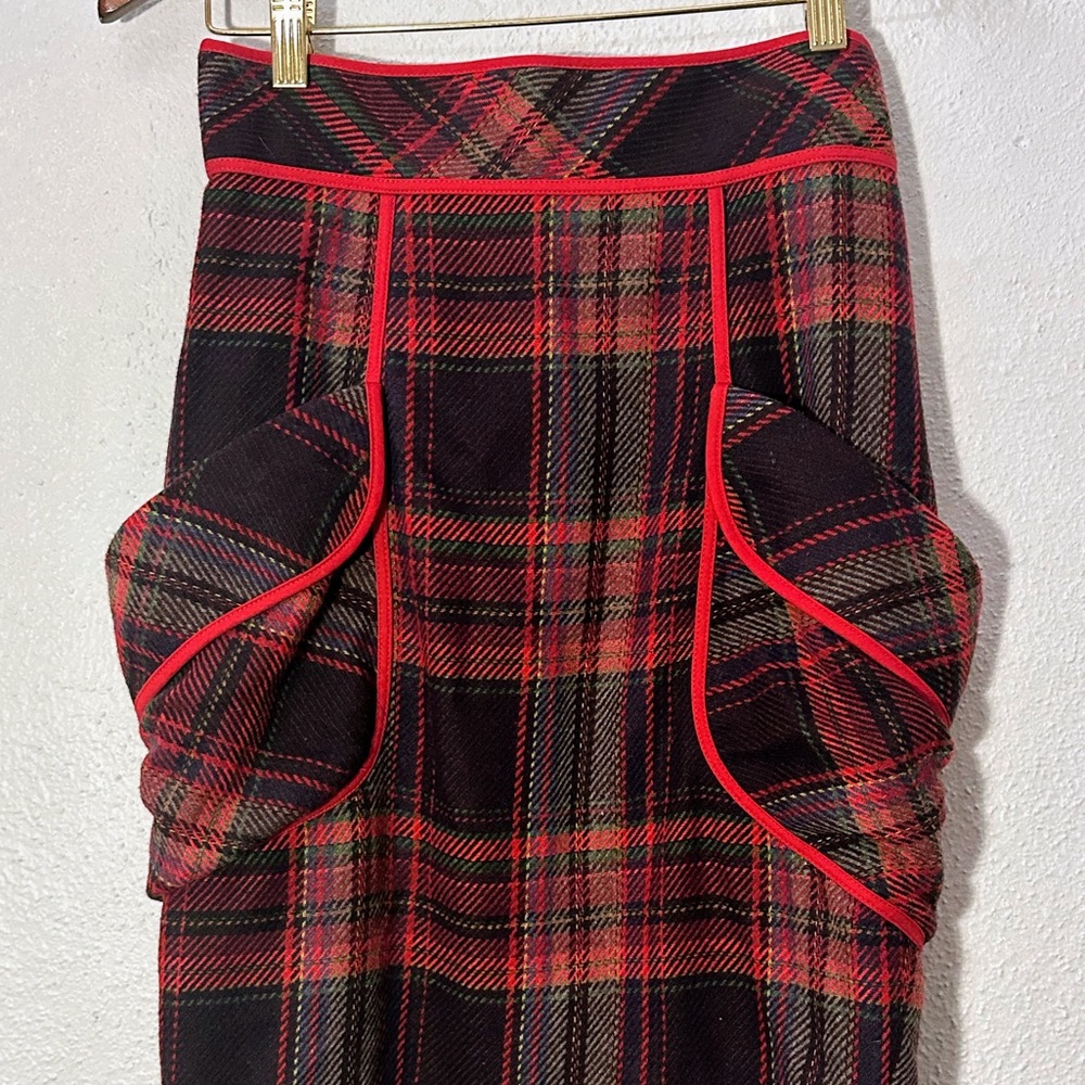 PLENTY by Tracy Reese Anthropologie Wool Midi Skirt Red Black Plaid Pockets SZ 2 - Picture 7 of 16